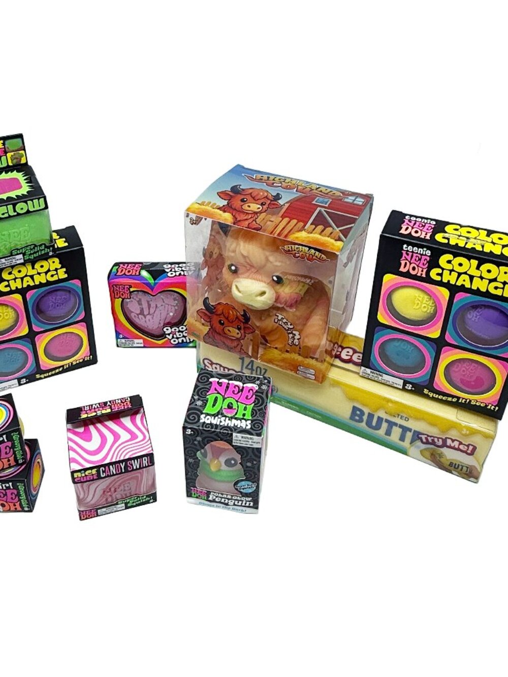 Needoh Squishy Bundle - Glow, Penguin, Candy Swirl, Butter, Highland Cow Vibes